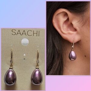 SAACHI Tear Drop Crystal Adorned Wire Pearl Earrinngs Purple NWT$58 *Free Ship*